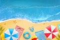 Beach from above. Parasols, palms, towels, cocktails, glasses, slippers on the beach