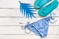 Beach accessories bikini panties, flip flops and palm leaf on a white wooden background. Travel and beach vacation concept. Top Royalty Free Stock Photo