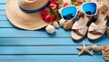 Beach Accessories On Blue wooden background top view Royalty Free Stock Photo