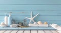 Beach accessories on blue plank Royalty Free Stock Photo