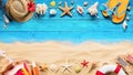 Beach Accessories On Blue Plank And Sand Royalty Free Stock Photo