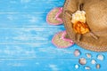 Beach accessories on blue wooden table Royalty Free Stock Photo