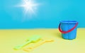 Beach Accessories On Blue and Yellow- Summer Holiday Banner Royalty Free Stock Photo