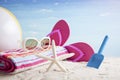 Beach accessories. Concept of summer vacations