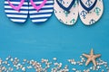 Colorful beach slippers on wooden summer background Royalty Free Stock Photo