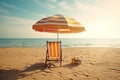 Beach Accessories On Deck Beach. umbrella with chairs on the sand. Summer Holidays. Generative AI Royalty Free Stock Photo