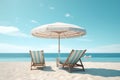 Beach Accessories On Deck Beach. umbrella with chairs on the sand. Summer Holidays. Generative AI Royalty Free Stock Photo