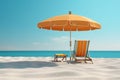 Beach Accessories On Deck Beach. umbrella with chairs on the sand. Summer Holidays. Generative AI Royalty Free Stock Photo