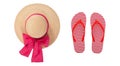 Beach accessories flip flops and hat. Summer resort objects collage isolated. Royalty Free Stock Photo