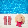 Beach accessories flip flops and hat. Summer resort objects collage isolated. Royalty Free Stock Photo