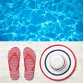 Beach accessories flip flops and hat. Summer resort objects collage isolated