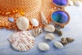 Beach accessories glasses hat cockleshells Royalty Free Stock Photo