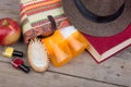 Beach accessories - hairbrush, orange towel, hat, sun cream, lotion, beach bag, nail polish, book on a brown wooden background Royalty Free Stock Photo