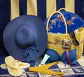 Beach accessories on pastel backgrounds-glasses, hat, towel, flip flops, fan, sunscreen, bag and bikini Royalty Free Stock Photo