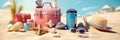 Beach accessories for picnic on sand on sea shore. Summer vacation concept. Created with generative Ai Royalty Free Stock Photo