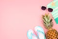 Summer vacation beach accessories side border on a pastel pink background with copy space Royalty Free Stock Photo