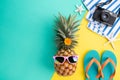 Beach accessories retro film camera, pineapple, sunglasses, flip flop starfish beach hat and sea shell on green and yellow Royalty Free Stock Photo