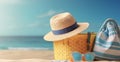 Beach accessories on sand on sea shore. Summer vacation concept. Created with generative Ai Royalty Free Stock Photo