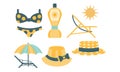 Beach Accessories Set, Skin Protection Elements, Hat, Swimsuit, Umbrella, Chaise Lounge, Sunscreen Vector Illustration