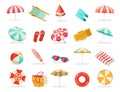 Beach accessories. Tropical summer vacation elements, sea holiday items for summer tourism, surfing swimming vacation Royalty Free Stock Photo