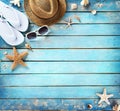 Beach Accessories On Vintage Blue Plank Royalty Free Stock Photo