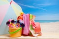 Beach accessory,hat,sunglasses,shoes,umbrella on wooden, concept Royalty Free Stock Photo