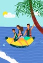 Happy Family Riding on Inflatable Banana on Sea
