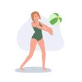 Beach Activity concept. Woman Enjoying Beachball Game. Joyful Woman Playing with Beachball Royalty Free Stock Photo