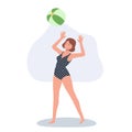 Beach Activity concept. Woman Enjoying Beachball Game. Joyful Woman Playing with Beachball