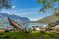 Beach activity, kayaking and boating. Rowing equipment. Colorful canoes