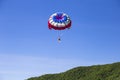 Beach activity: parasailing, high-speed boat pulls a girl on a p