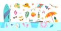 Beach summer sea vacation set of accessories flat vector illustration isolated.