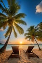 The beach is adorned with comfortable loungers, lush coconut trees, and basks under the warm sun.