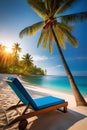 The beach is adorned with comfortable loungers, lush coconut trees, and basks under the warm sun.