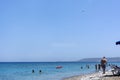 Beach, Aegean sea, people on the beach, people swimming in the sea, plane in the Sky, Rhodes coast