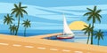 Beach, against the backdrop of a seascape, yacht sailing, palm trees, Cartoon style, vector illustration Royalty Free Stock Photo