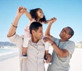 Beach, airplane and girl child with parent, grandpa and holding hands with freedom. Flying, love and happy family at sea