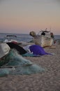 A beach in Algarve, Portugal Europe on sunset. A fishing village with boats Royalty Free Stock Photo