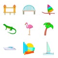 Beach of america icons set, cartoon style