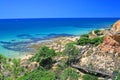 Way to a very nice beach in Portugal called Praia da Falesia with a scenic walkway a big red rocks in the background