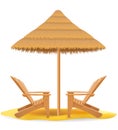 Beach armchair lounger deckchair wooden and umbrella made of straw and reed vector illustration Royalty Free Stock Photo
