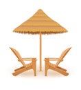 Beach armchair lounger deckchair wooden and umbrella made of straw and reed vector illustration Royalty Free Stock Photo