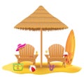 Beach armchair lounger deckchair wooden and umbrella made of straw and reed vector illustration Royalty Free Stock Photo