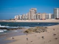 Beach on Atlantic coast of Northern Portugal with seagulls and rocks Royalty Free Stock Photo