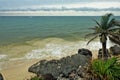 Beach on the Atlantic coast. The waves foam and mix with the sand.