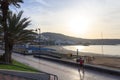 Beach and Atlantic Ocean panorama in holiday resort Playa de las Americas on Canary Island Tenerife at morning during sunrise,