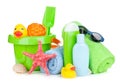Beach baby toys, towels and bottles