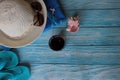 Beach background - accessories on blue plank. Royalty Free Stock Photo