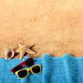 Beach background border sunglasses, towel, starfish seashell Royalty Free Stock Photo