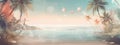 Beach background with coral, seashells and palm trees. Spectacular pastel color backdrops. Concept Banner for web. Generative AI Royalty Free Stock Photo